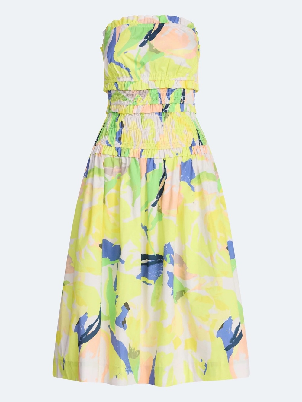 Free Assembly Strapless Smocked Midi Dress in Yellow Green Floral